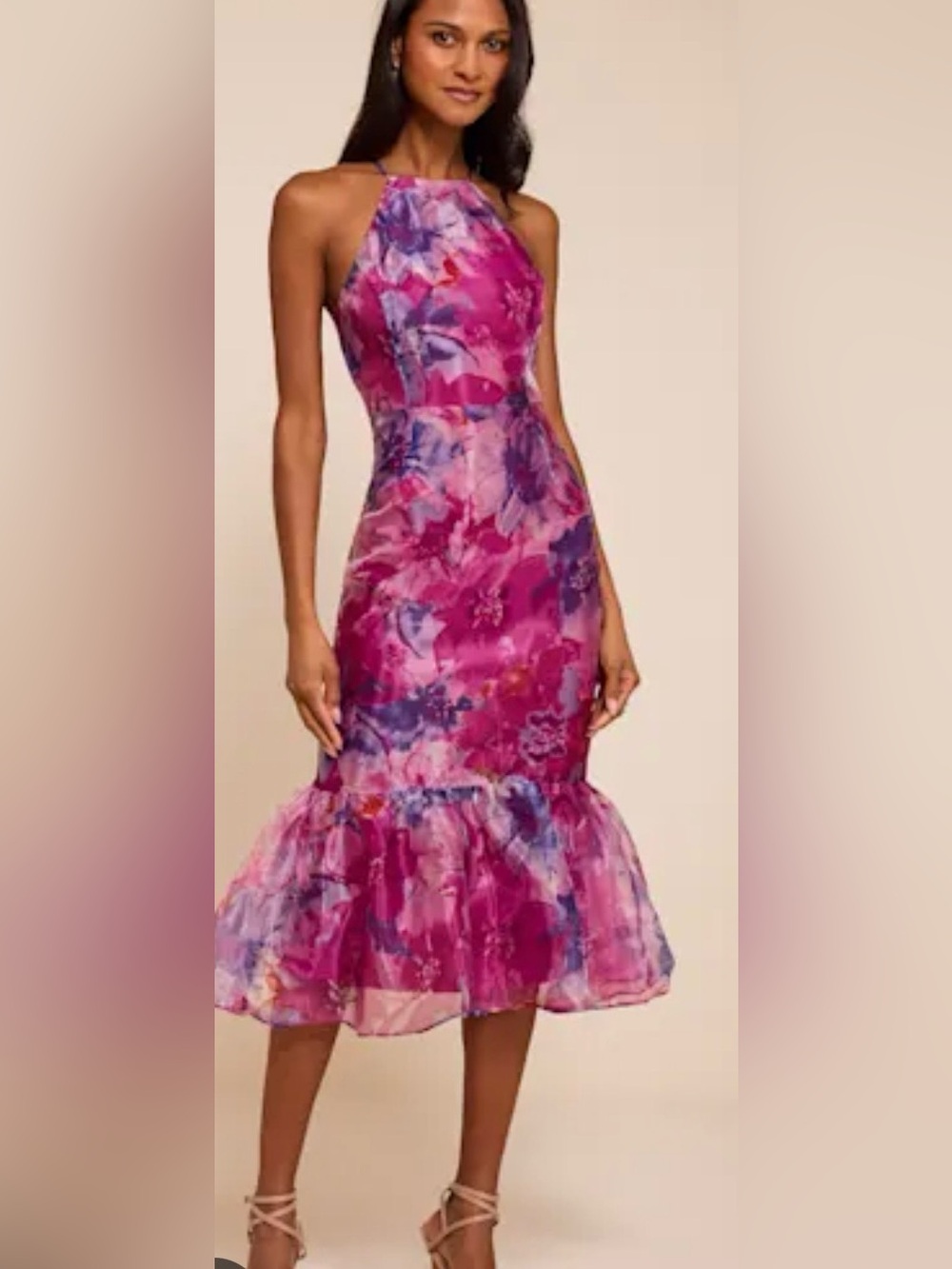 LULUS Floral Halter-Style Pink & Purple Ruffle Hem Dress